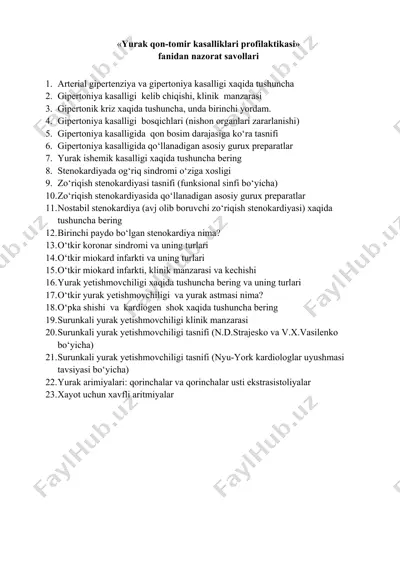 yurak qon-tomir kasalliklari profilaktikasi fanidan nazorat savollari — DOCX