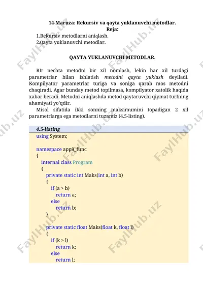 rekursiv va qayta yuklanuvchi metodlar — DOCX