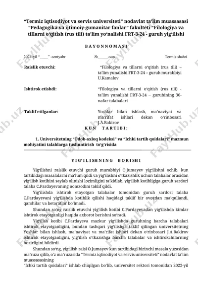 termiz iqtisodiyot va servis universiteti nodavlat ta'lim muassasasi b a y o n n o m a s i — DOCX