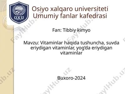 vitaminlar haqida tushuncha, suvda eriydigan vitaminlar, yog’da eriydigan vitaminlar — PPTX