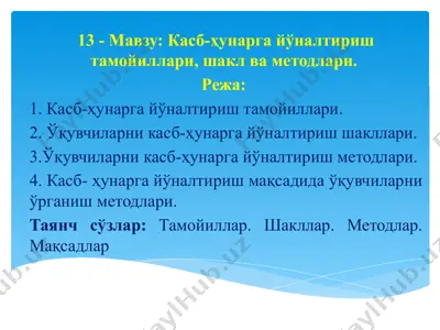 касб-ҳунарга йўналтириш тамойиллари, шакл ва методлари — PPTX