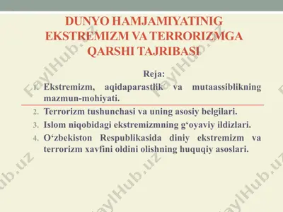 dunyo hamjamiyatinig ekstremizm va terrorizmga qarshi tajribasi — PPTX