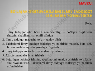 bo‘lajak o‘qituvchilarni ilmiy tadqiqot ishlariga yo‘naltirish — PPTX