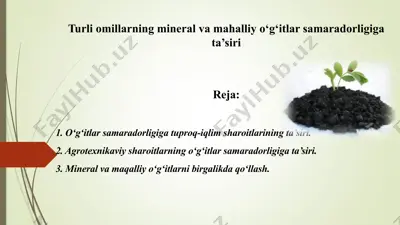 turli omillarning mineral va mahalliy o‘g‘itlar samaradorligiga ta’siri — PPTX