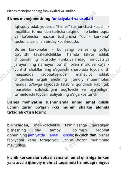 biznes menejmentining funksiyalari va usullari — DOCX