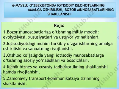 o‘zbekistonda iqtisodiy islohotlarning amalga oshirilishi, bozor munosabatlarining shakllanishi — PPTX