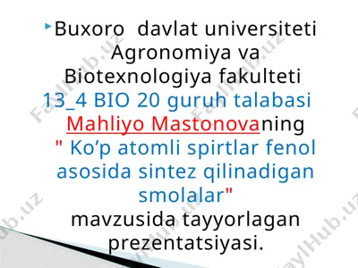 "ko’p atomli spirtlar fenol asosida sintez qilinadigan smolalar prezentatsiyasi" — PPTX