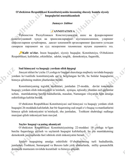 o'zbekiston respublikasi konstitutsiyasida insonning shaxsiy hamda siyosiy huquqlarini mustahkamlash — DOCX