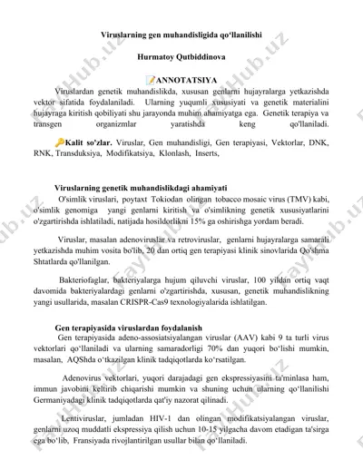 viruslarning genetik muhandisligida qo‘llanilishi — DOCX