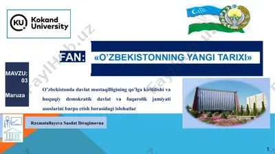 o’zbekistonda davlat mustaqilligining qo’lga kiritilishi va huquqiy demokratik davlat va fuqarolik jamiyati asoslarini barpo etish borasidagi islohatlar — PPTX