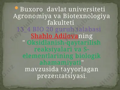 oksidlanish-qaytarilish reaksiyalari va s-elementlarining biologik ahamiyati — PPTX