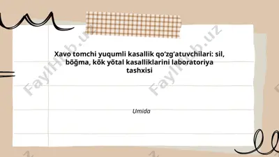 xavo tomchi yuqumli kasallik qoʻzgʻatuvchilari: sil, bõğma, kõk yõtal kasalliklarini laboratoriya tashxisi — PPTX