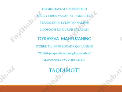 "o‘zbek tilining soxada qo‘lanishi: o‘qitish jarayonida texnologik yondashuv" — PPTX