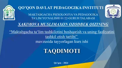 "maktabgacha ta‘lim tashkilotini boshqarish va uning faoliyatini tashkil etish tartibi" — PPTX