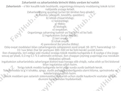 zaharlanish va zaharlanishda birinchi tibbiy yordam ko‘rsatish — PPTX