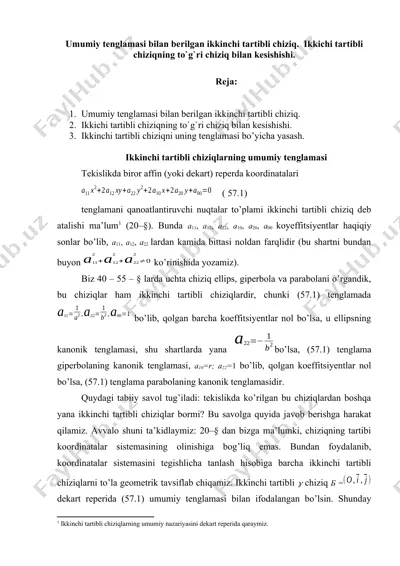 umumiy tenglamasi bilan berilgan ikkinchi tartibli chiziq.  ikkichi tartibli chiziqning to`g`ri chiziq bilan kesishishi. — DOCX