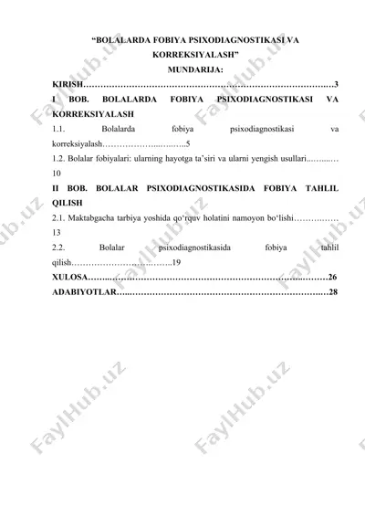 bolalarda fobiya psixodiagnostikasi va korreksiyalash — DOCX