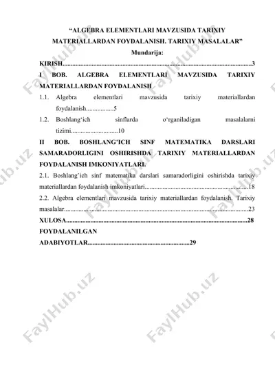 algebra elementlari mavzusida tarixiy materiallardan foydalanish. tarixiy masalalar — DOCX