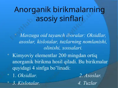anorganik birikmalarning asosiy sinflari — PPT