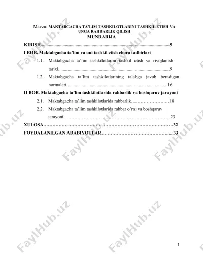 maktabgacha ta'lim tashkilotlarini tashkil etish va unga rahbarlik qilish — DOCX