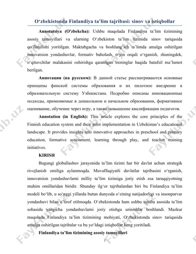 o‘zbekistonda finlandiya ta’lim tajribasi: sinov va istiqbollar — DOCX