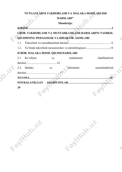 oʻtganlarni takrorlash va malaka hosil qilish darslari — DOCX