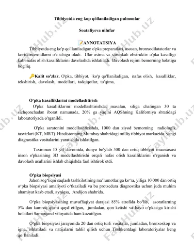 tibbiyotda eng kop qòllaniladigan pulmonlar — DOCX