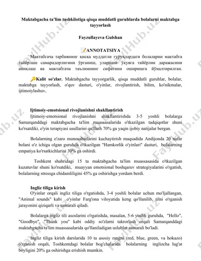maktabgacha ta'lim tashkilotiga qisqa muddatli guruhlarda bolalarni maktabga tayyorlash — DOCX