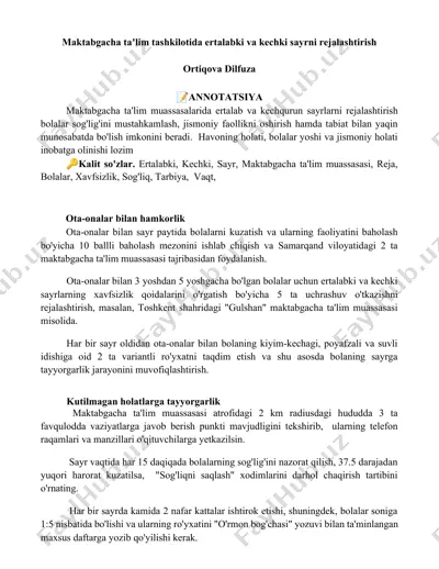 maktabgacha taʼlim tashkilotida ertalabki va kechki sayrni rejalashtirish — DOCX