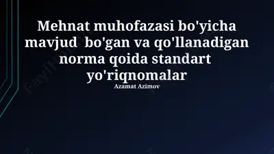 mehnat muhofazasi bo'yicha mavjud bo'gan va qo'llanadigan norma qoida standart yo'riqnomalar — PPTX