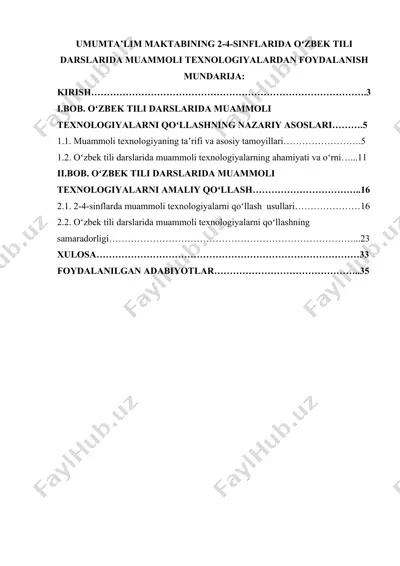 umumta'lim maktabining 2-4-sinflarida oʻzbek tili darslarida muammoli texnologiyalardan foydalanish — DOCX