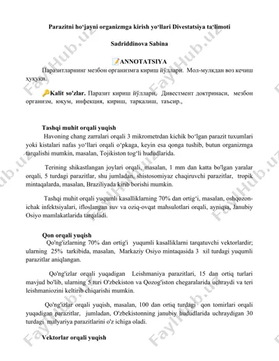 parazitni ho‘jayni organizmga kirish yo‘llari divestatsiya ta‘limoti — DOCX
