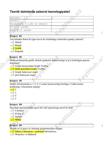 texnik tizimlarda axborot texnologiyalari test savollar javoblari bilan — DOCX