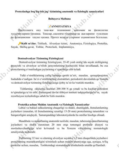 protezlashga bogʻliq tish jagʻ tizimining anatomik va fiziologik xususiyatlari — DOCX
