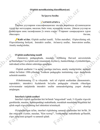 o'qitish usullarining tasnifi — DOCX