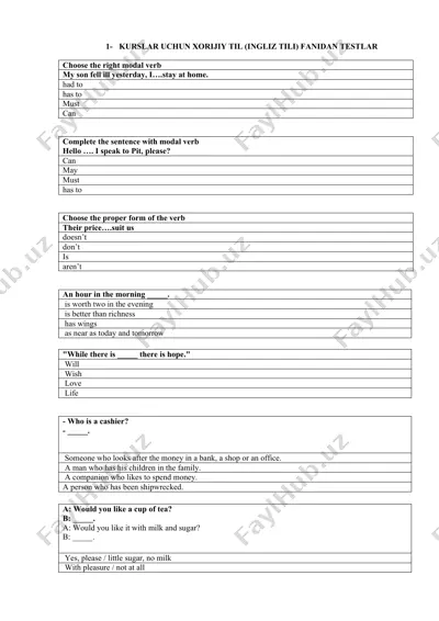kurslar uchun xorijiy til (ingliz tili) fanidan testlar — DOCX