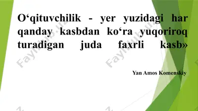 o‘qituvchilik - yer yuzidagi har qanday kasbdan ko‘ra yuqoriroq turadigan juda faxrli kasb — PPTX