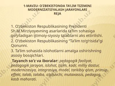 o‘zbekistonda ta’lim tizimini modernizatsiyalash jarayonlari — PPTX