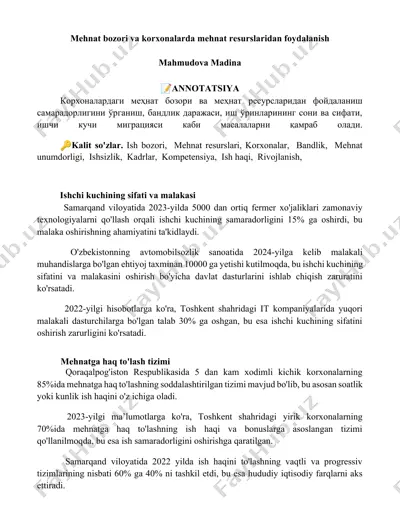 mehmat bozori va korxonalarda mehnat resurslaridan foydalanish — DOCX