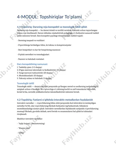 darsning reja-konspekti va texnologik tahlil qilish — DOCX