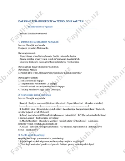 darsning reja-konspekti va texnologik xaritasi — DOCX
