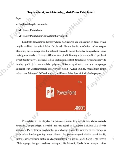 taqdimotlarni yaratish texnologiyalari. power point dasturi — DOCX