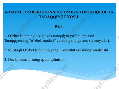 o‘zbekistonning o‘ziga xos istiqlol va taraqqiyot yo‘li — PPTX