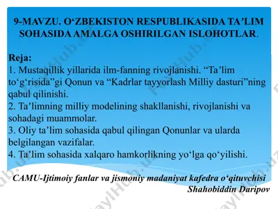 o‘zbekiston respublikasida taʼlimsohasida amalga oshirilgan islohotlar — PPTX