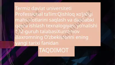 professional ta’lim: qishloq xo’jaligi mahsulotlarini saqlash va dastlabki qayra ishlash texnalogiyasi yo’nalishi — PPTX