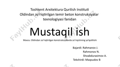 oldindan zo’riqtirilgan temir beton konstruksiyalar texnologiyasi fanidan — PPTX