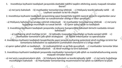investitsiya loyihasini tasdiqlash jarayonida dastlabki taklifni taqdim etishning asosiy maqsadi — PPTX