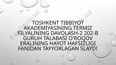 toshkent tibbiyot akademiyasining termiz filialining davolash-2 202-b guruh talabasi o'roqov eralining hayot hafsizligi fanidan tayyorlagan slayd — PPTX