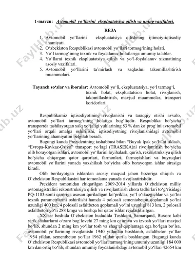 avtomobil yo‘llarini ekspluatatsiya qilish va uning vazifalari — DOCX