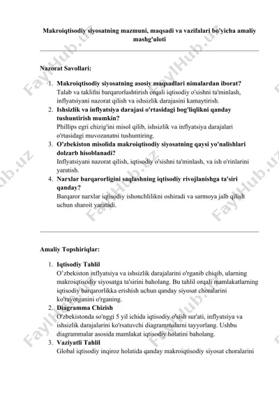 makroiqtisodiy siyosatning mazmuni, maqsadi va vazifalari bo'yicha amaliy mashg'uloti — DOCX